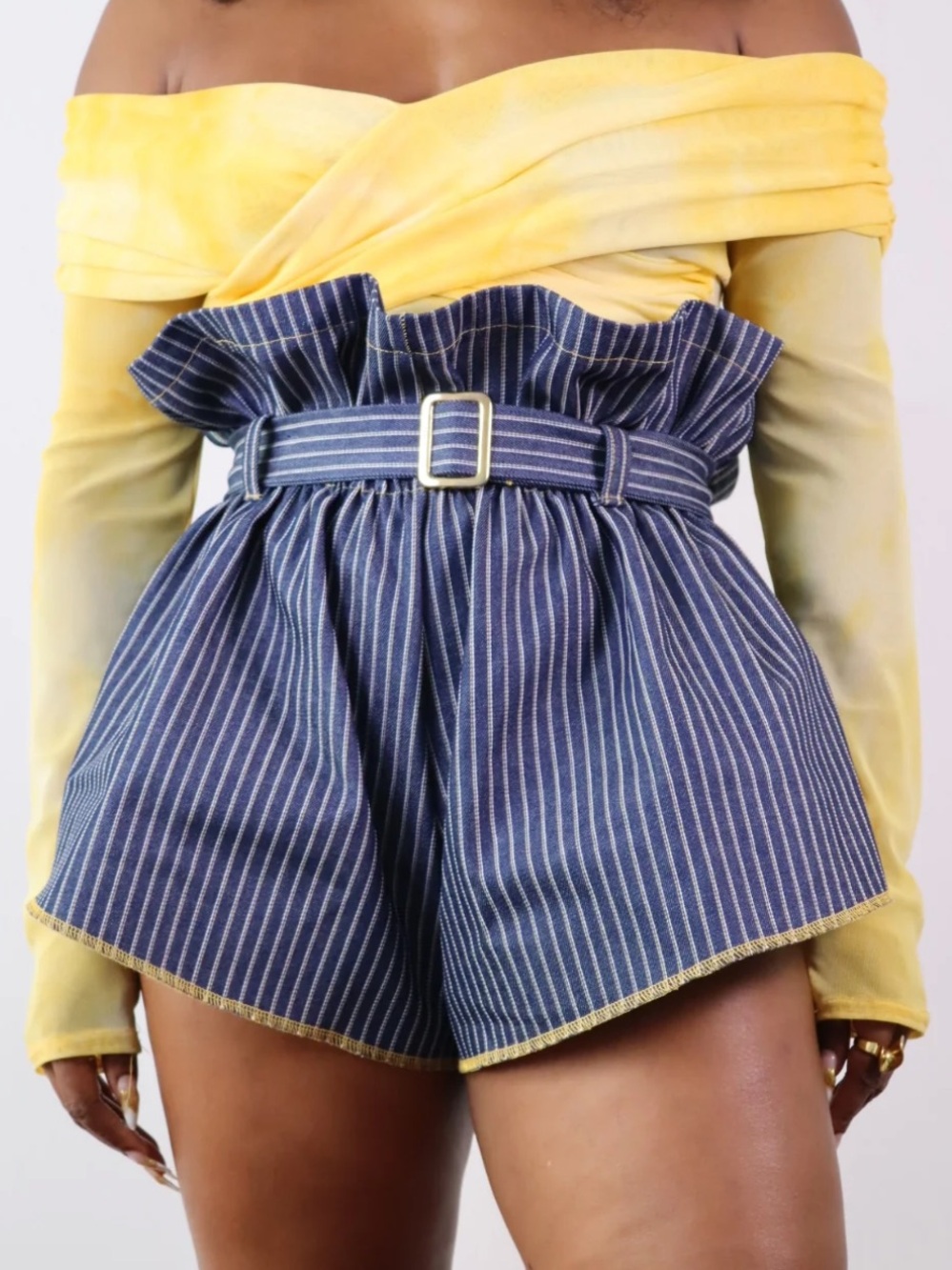 Something by Sonjia Striped Navy Paperbag Waist Shorts with Belt